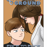 Tracy, wearing a bathrobe, leans ominously over a young Nate. He stares forward with an annoyed expression.