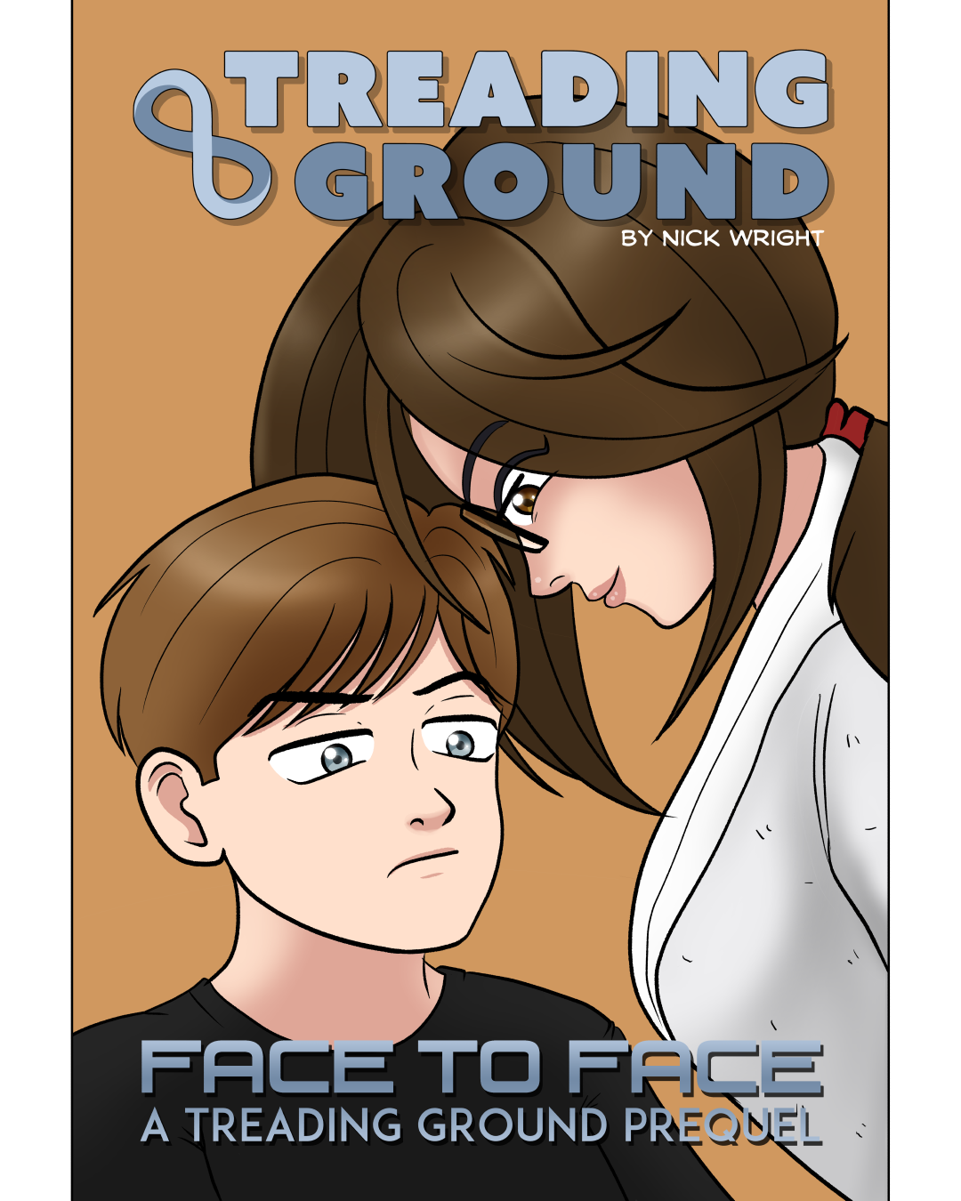 A comic cover for Face to Face: A Treading Ground Prequel. Tracy, wearing a bathrobe, leans ominously over a young Nate. He stares forward with a troubled expression.